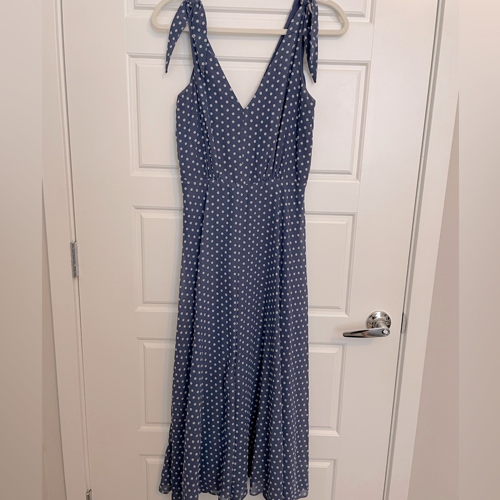 Betsey Johnson Blue Floral Embroidered Tie Strap Pebble Crepe Midi Dress